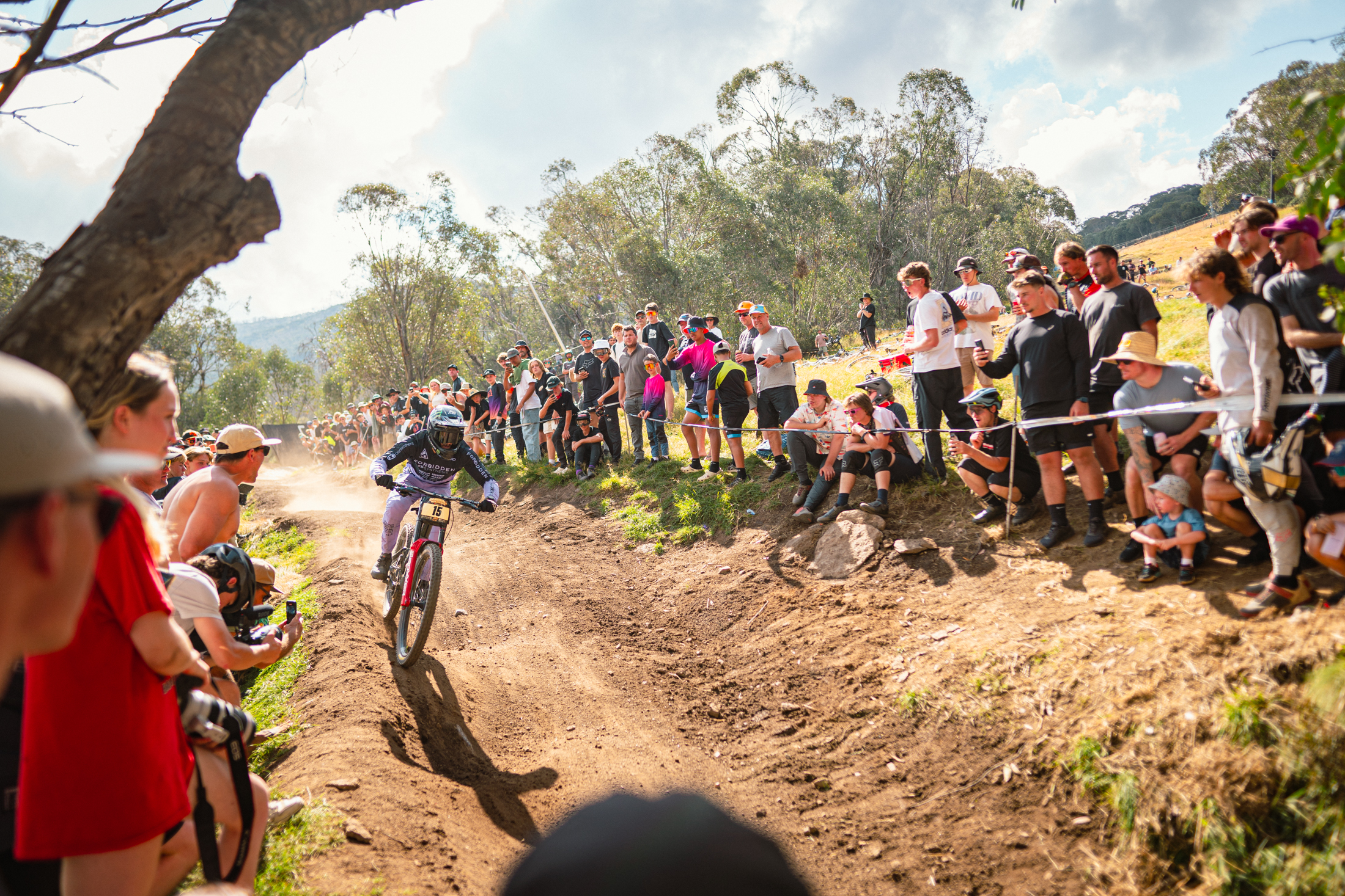 Connor Fearon racing in the Downhill at Thredbo's 10th anniversary Cannonball Festival 2024